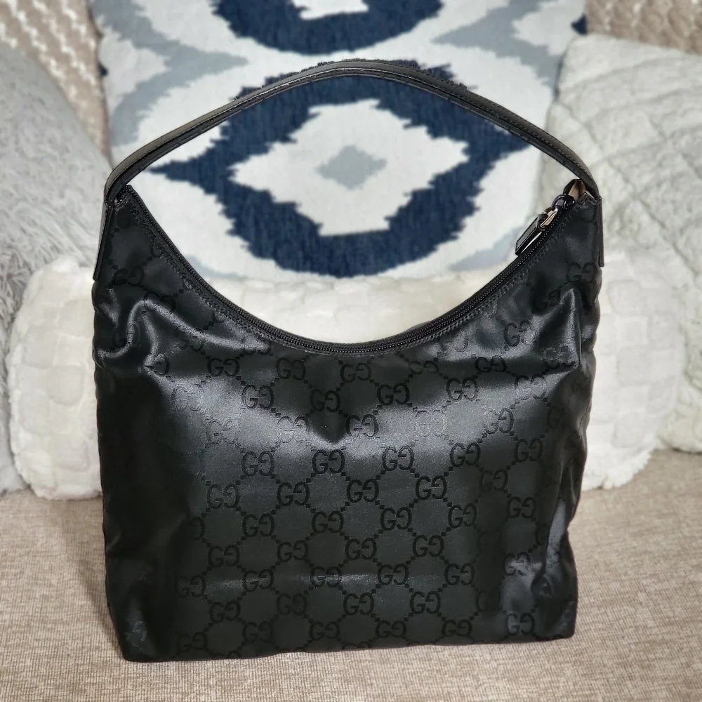 Gucci Black GG Nylon and Leather Double Pocket Hobo.. Authentic!!